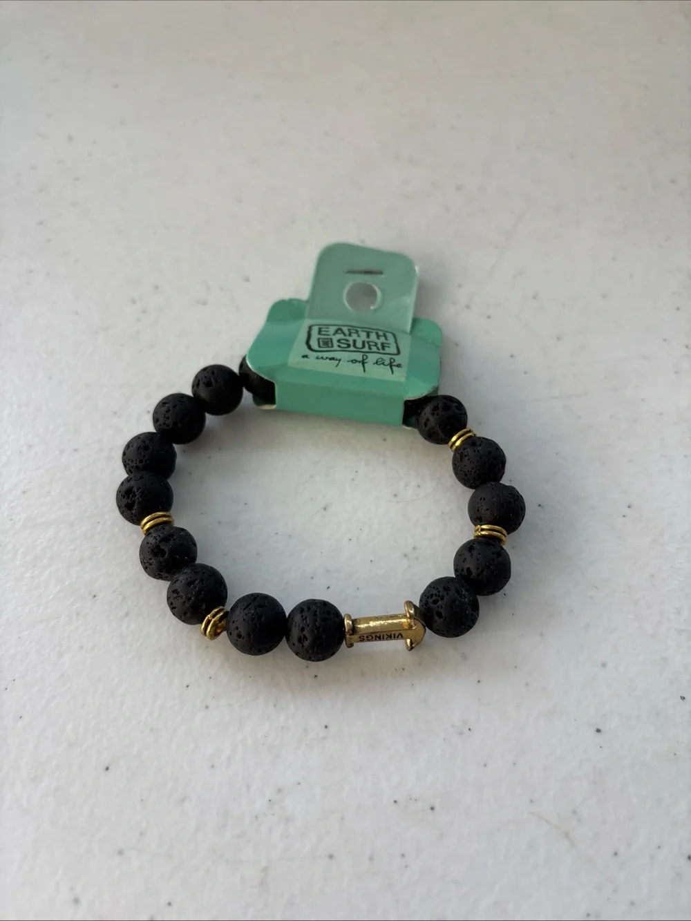 Earth Surf Men’s Stretch Beaded Brown Lava Rock Power Bracelet Anchor Accent NWT